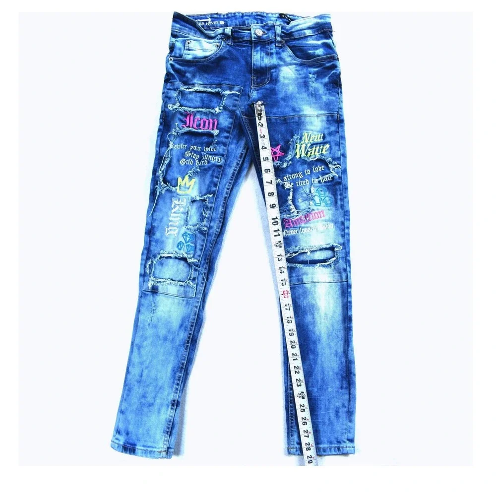 Copper Rivet Slim Fit Distressed Graphic Jeans Blue Mens 28 Icon King New Wave